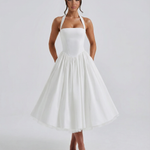Women's Halter Neck Midi Dress with Lace-Up Back – Full Skirt Party & Occasion Dress