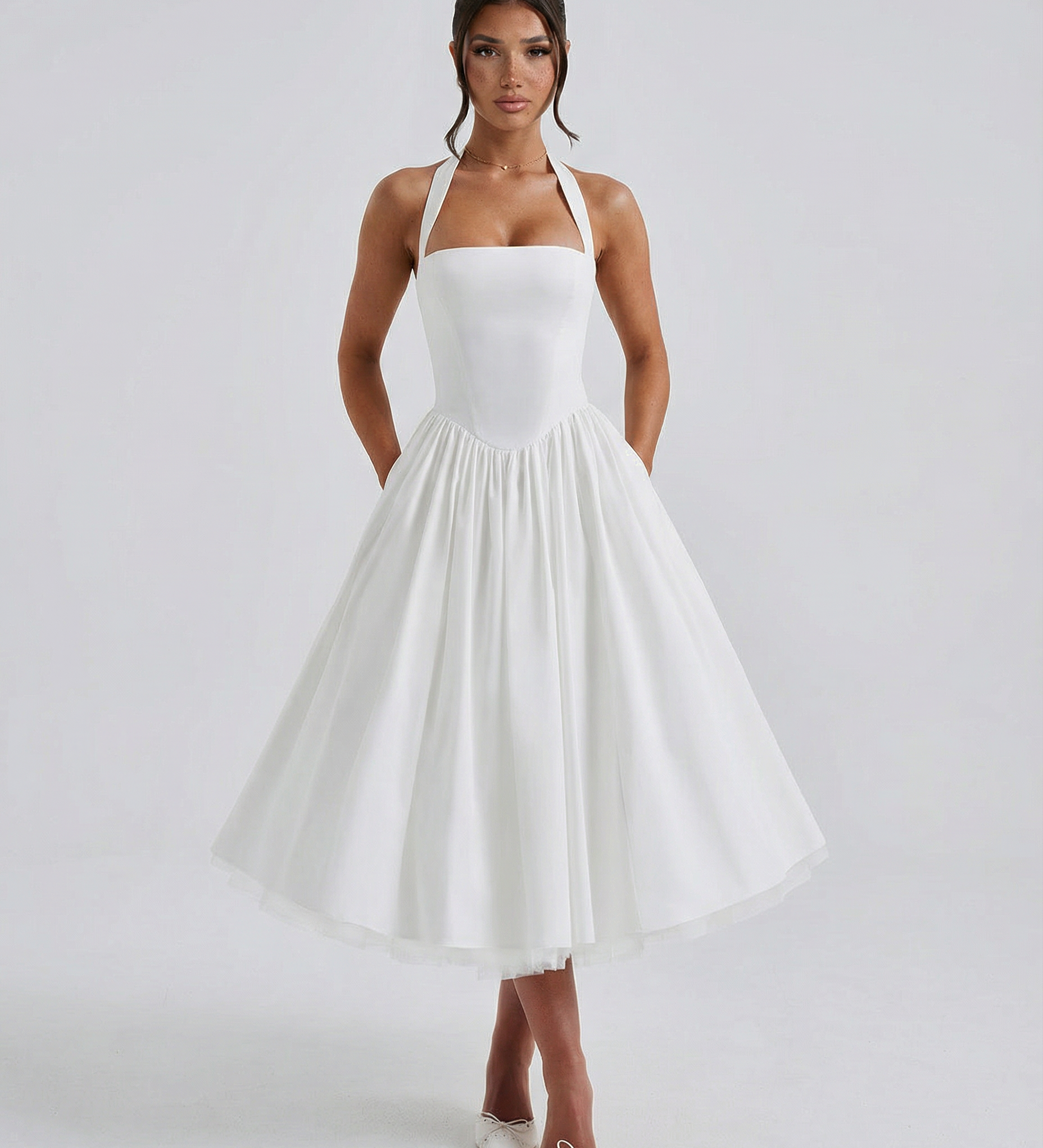Women's Halter Neck Midi Dress with Lace-Up Back – Full Skirt Party & Occasion Dress