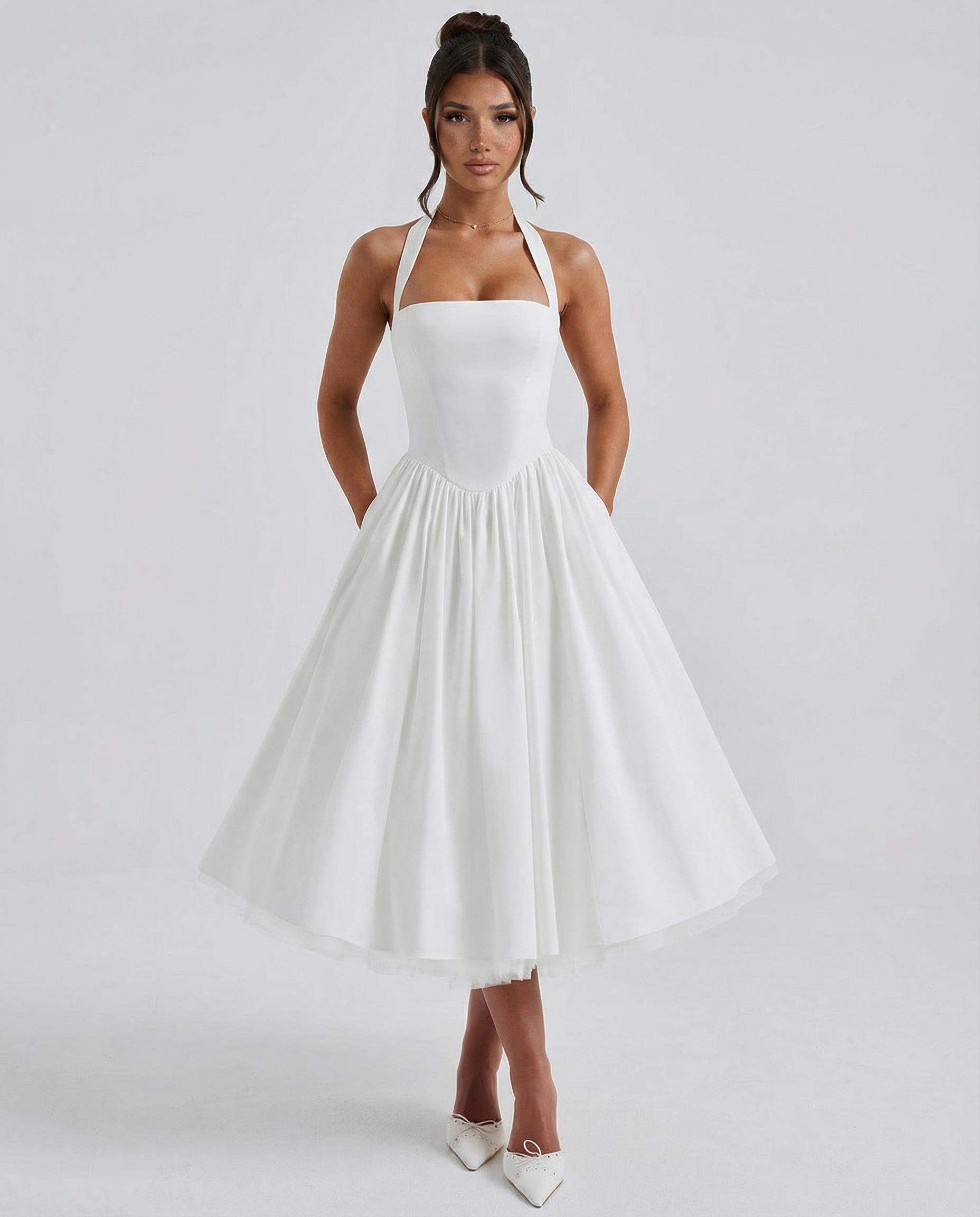 Women's Halter Neck Midi Dress with Lace-Up Back – Full Skirt Party & Occasion Dress