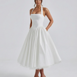 Women's Halter Neck Midi Dress with Lace-Up Back – Full Skirt Party & Occasion Dress