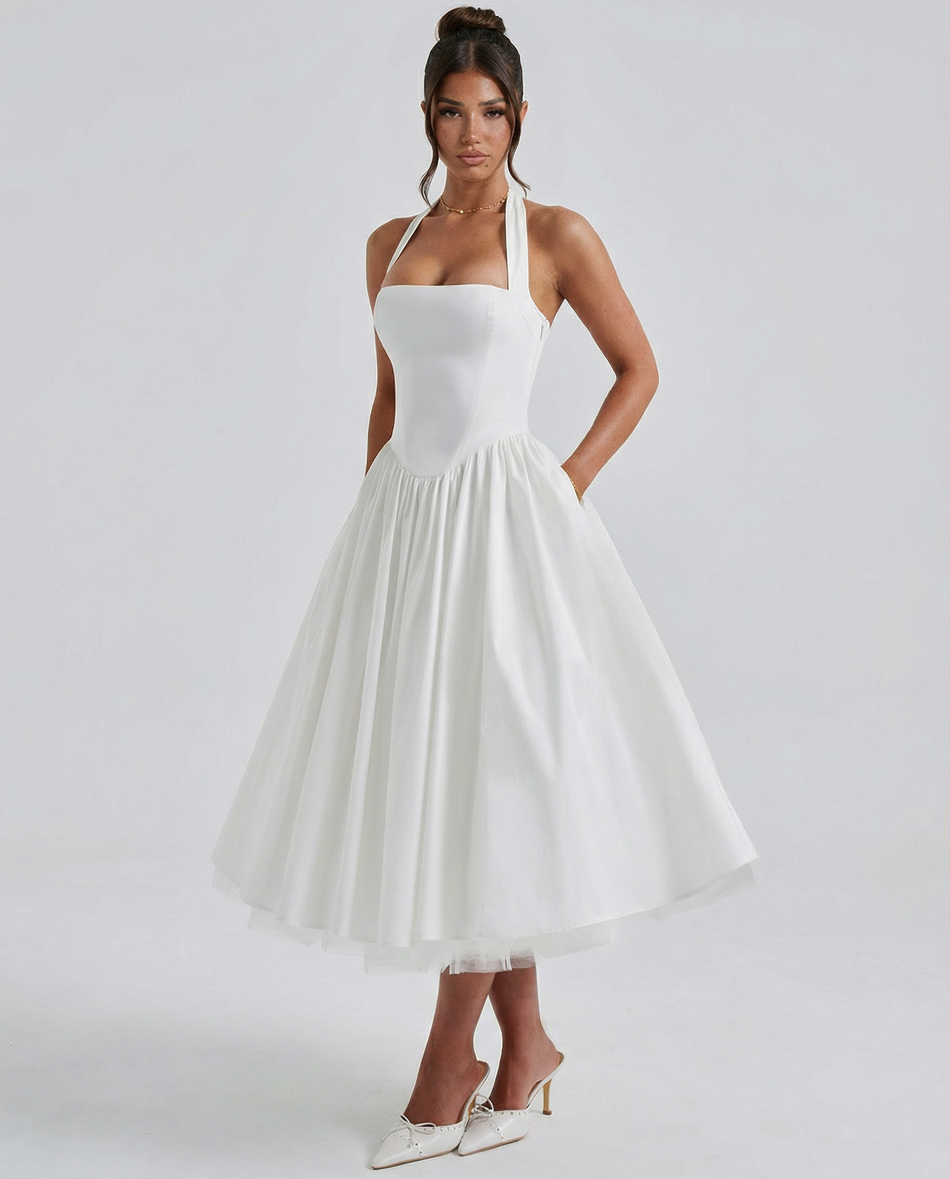 Women's Halter Neck Midi Dress with Lace-Up Back – Full Skirt Party & Occasion Dress