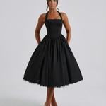 Women's Halter Neck Midi Dress with Lace-Up Back – Full Skirt Party & Occasion Dress