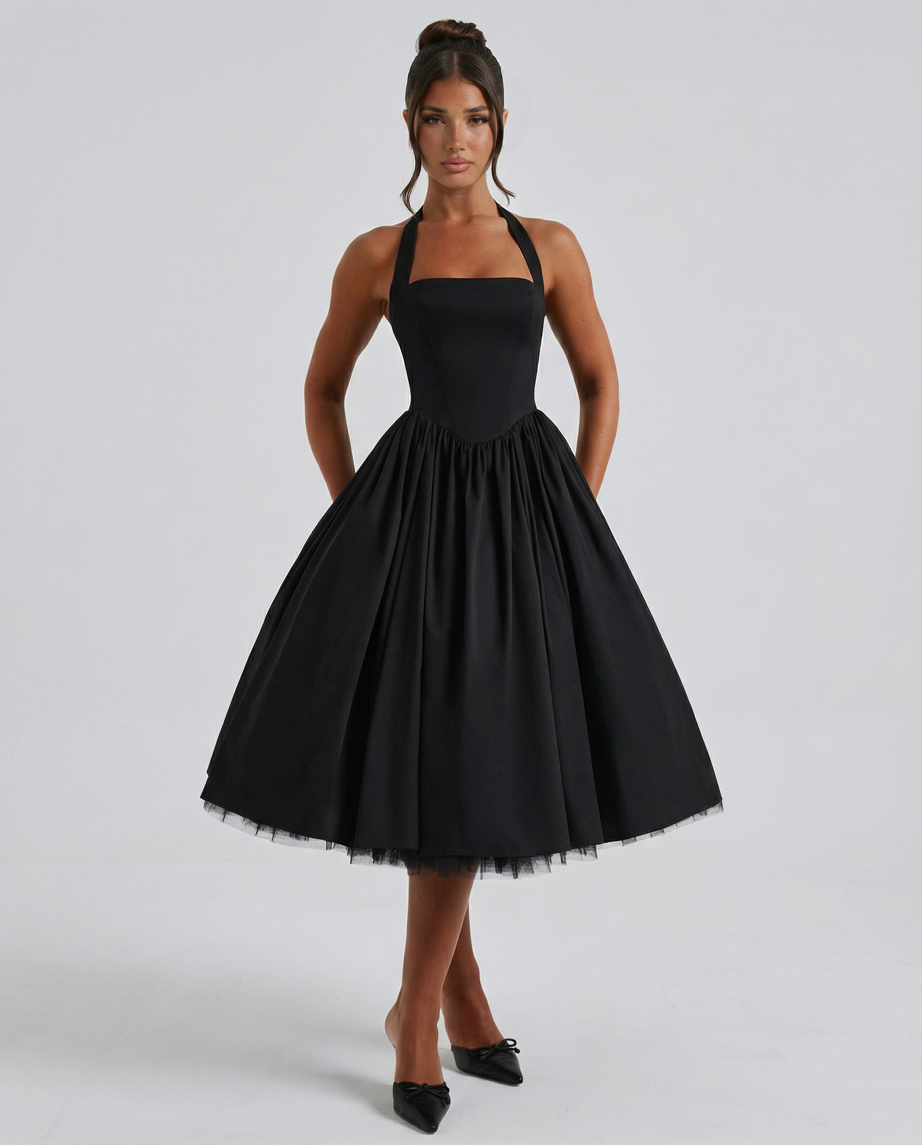 Women's Halter Neck Midi Dress with Lace-Up Back – Full Skirt Party & Occasion Dress