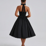 Women's Halter Neck Midi Dress with Lace-Up Back – Full Skirt Party & Occasion Dress