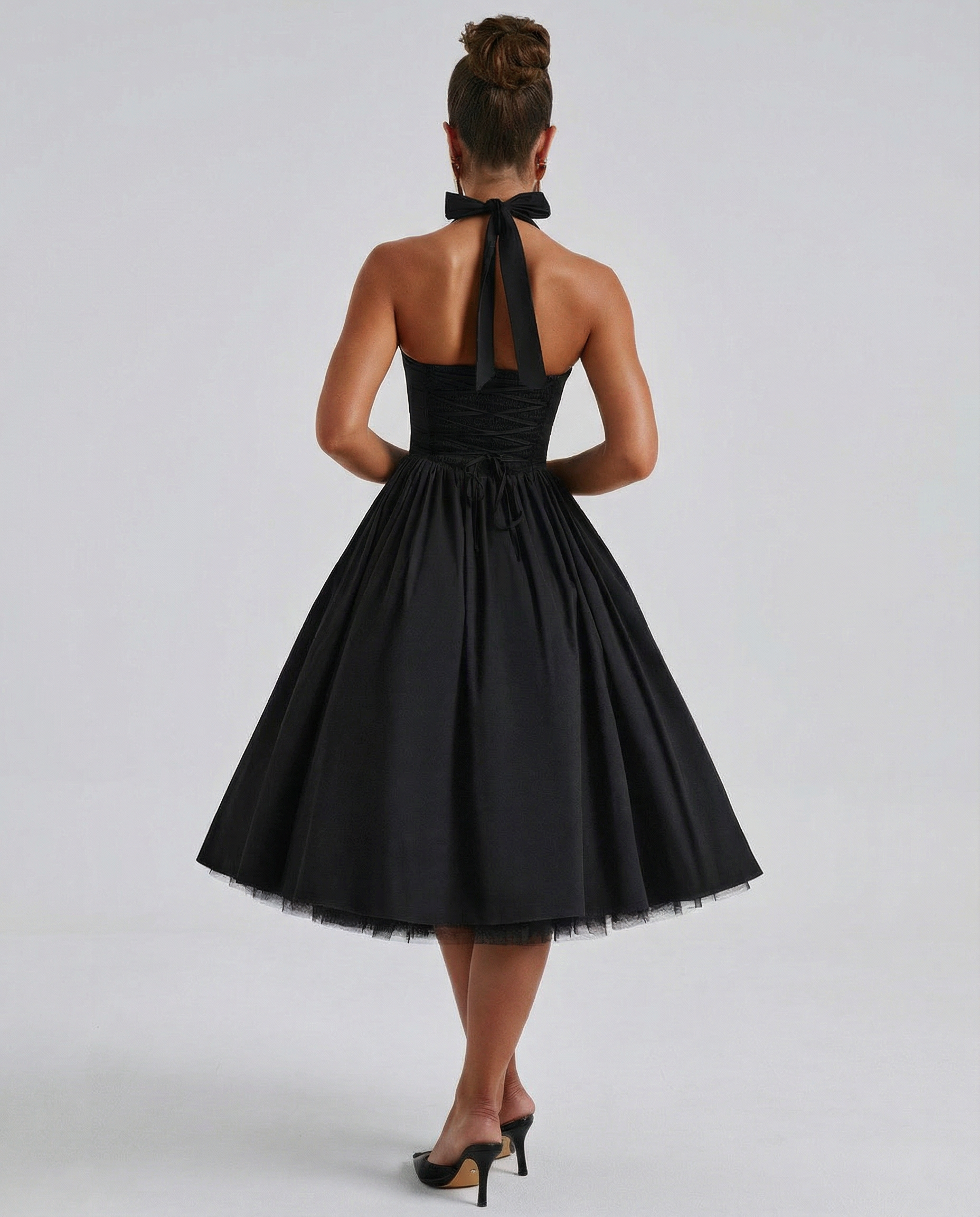 Women's Halter Neck Midi Dress with Lace-Up Back – Full Skirt Party & Occasion Dress
