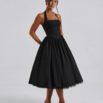 Women's Halter Neck Midi Dress with Lace-Up Back – Full Skirt Party & Occasion Dress