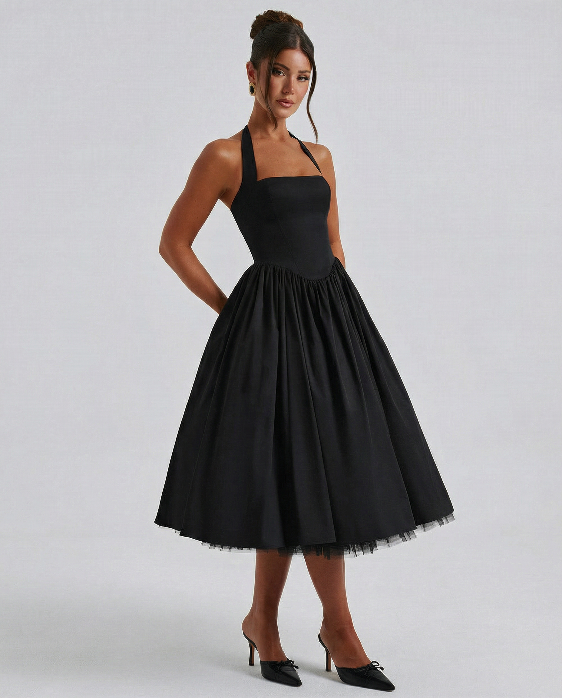 Women's Halter Neck Midi Dress with Lace-Up Back – Full Skirt Party & Occasion Dress
