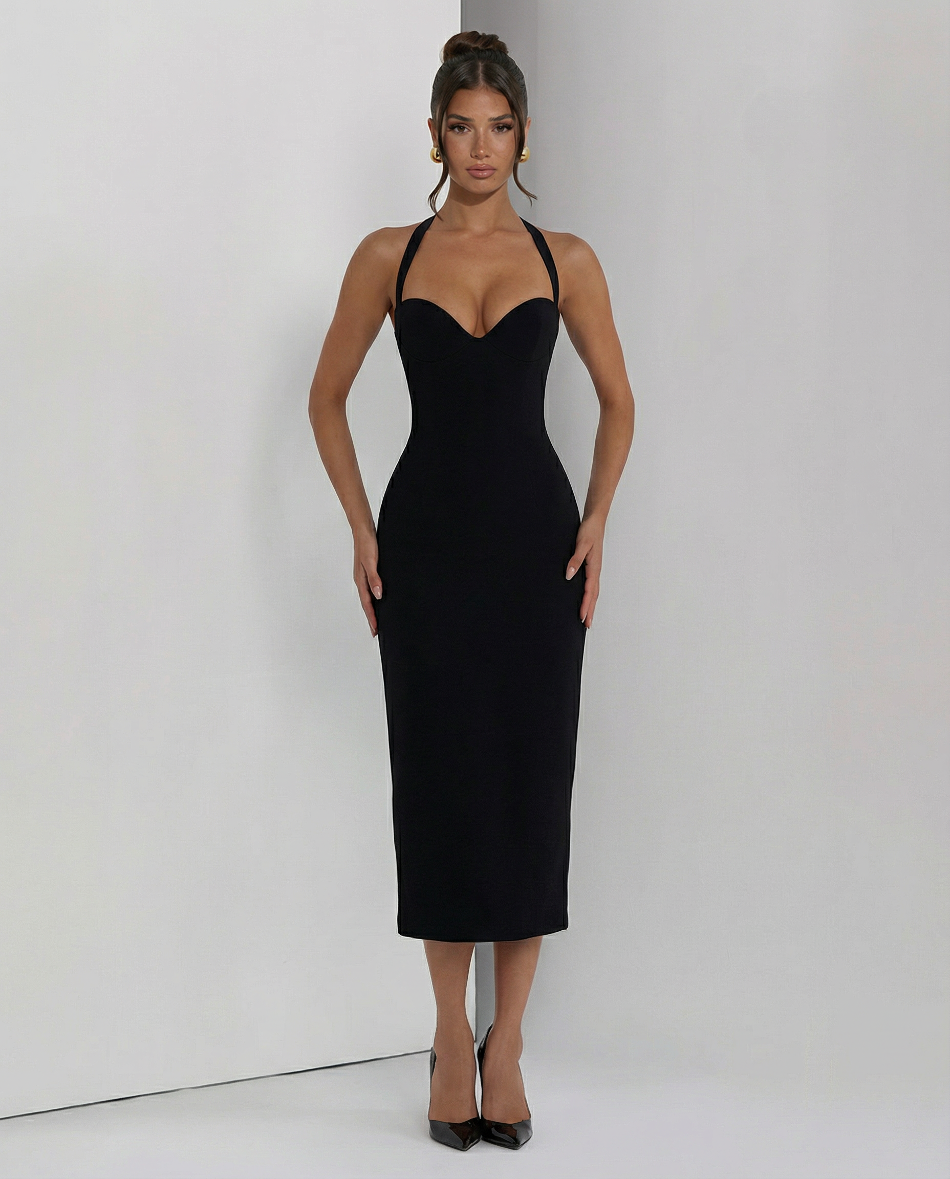 Women's Halter Midi Dress with Lace Corset Bodice – Fitted Evening & Formal Dress