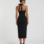 Women's Halter Midi Dress with Lace Corset Bodice – Fitted Evening & Formal Dress