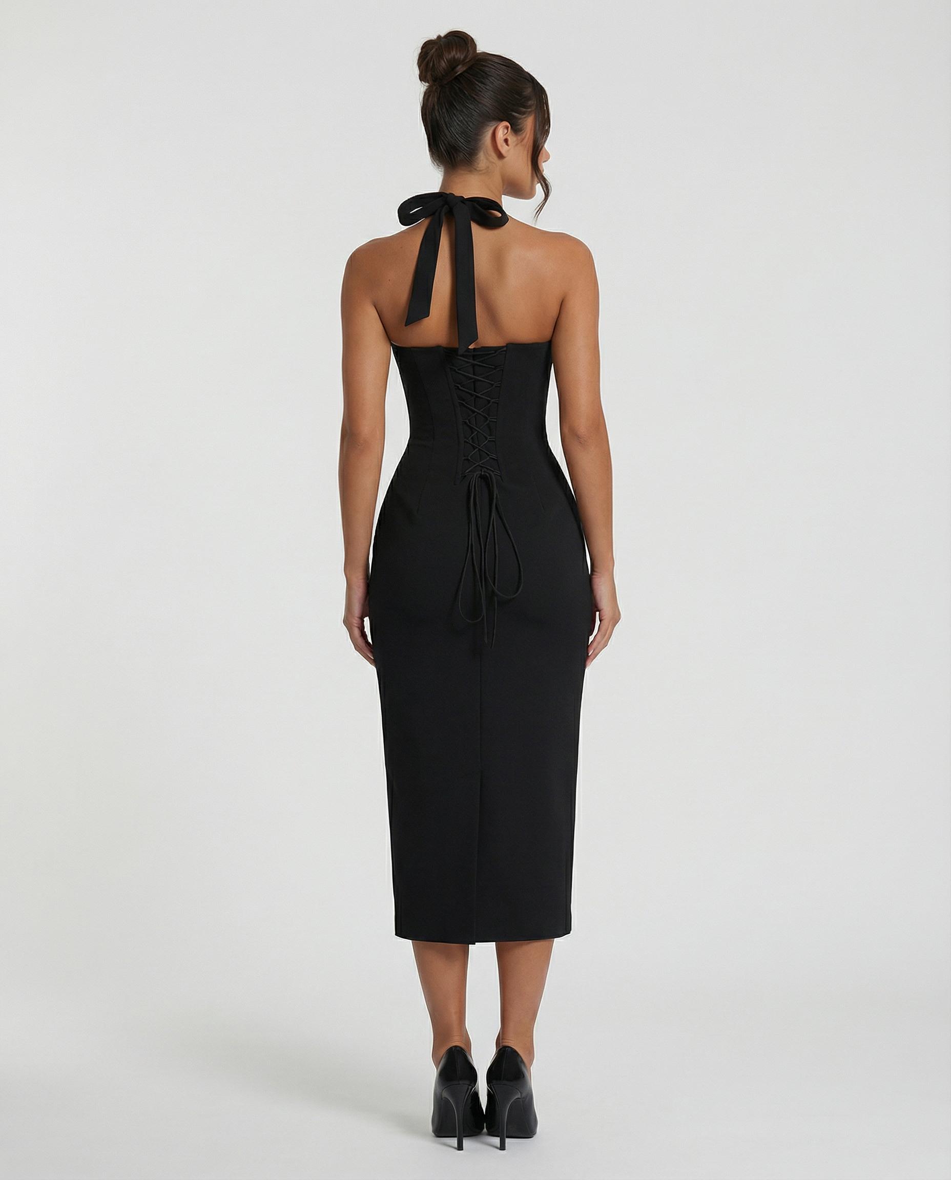Women's Halter Midi Dress with Lace Corset Bodice – Fitted Evening & Formal Dress