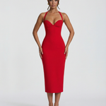 Women's Halter Midi Dress with Lace Corset Bodice – Fitted Evening & Formal Dress
