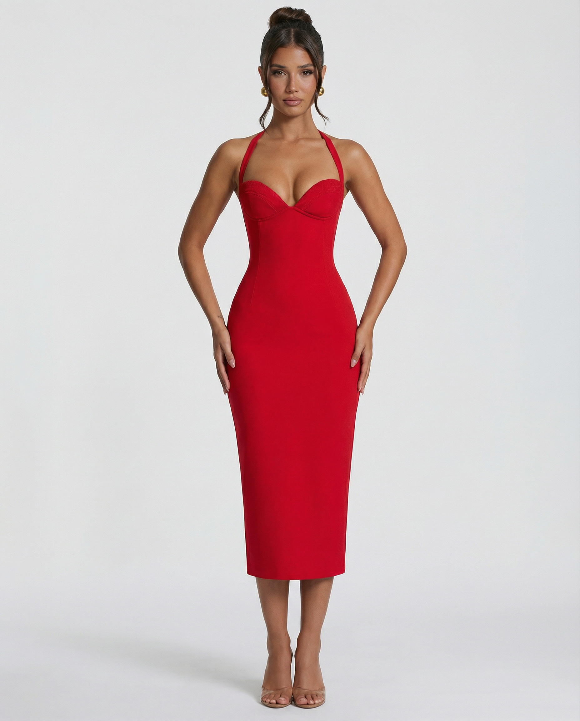 Women's Halter Midi Dress with Lace Corset Bodice – Fitted Evening & Formal Dress