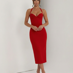 Women's Halter Midi Dress with Lace Corset Bodice – Fitted Evening & Formal Dress