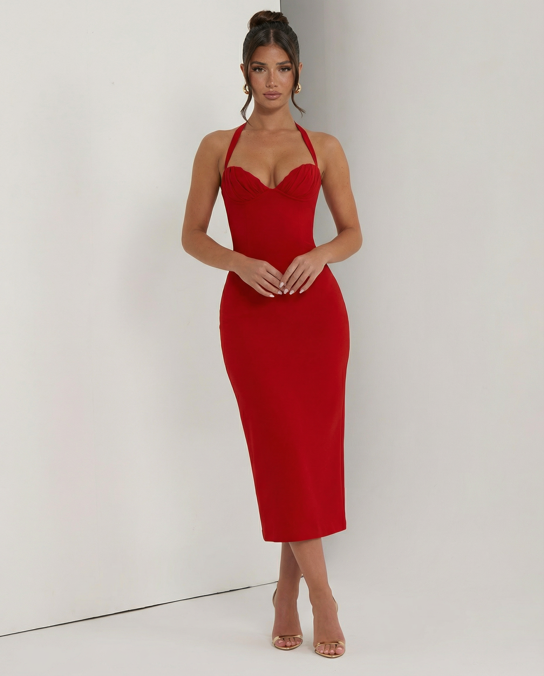Women's Halter Midi Dress with Lace Corset Bodice – Fitted Evening & Formal Dress