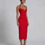 Women's Halter Midi Dress with Lace Corset Bodice – Fitted Evening & Formal Dress