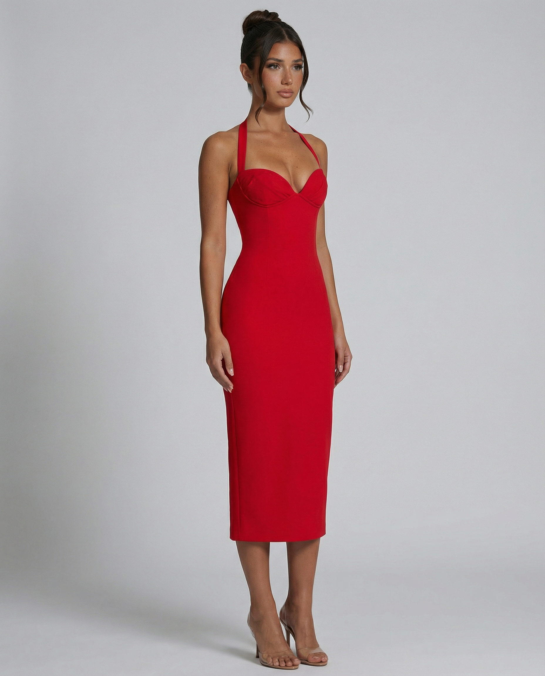 Women's Halter Midi Dress with Lace Corset Bodice – Fitted Evening & Formal Dress