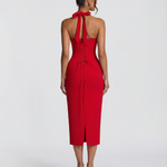 Women's Halter Midi Dress with Lace Corset Bodice – Fitted Evening & Formal Dress