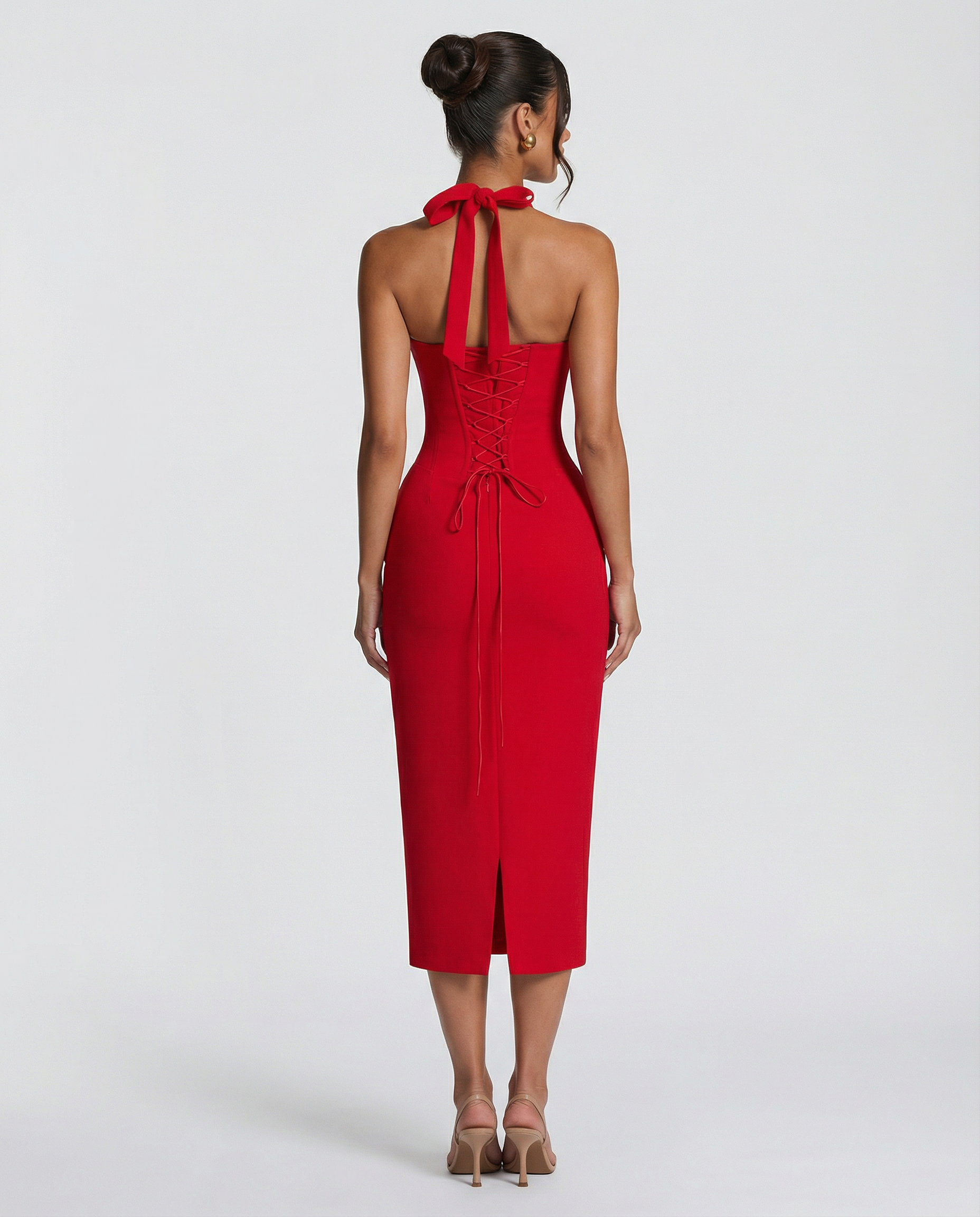 Women's Halter Midi Dress with Lace Corset Bodice – Fitted Evening & Formal Dress