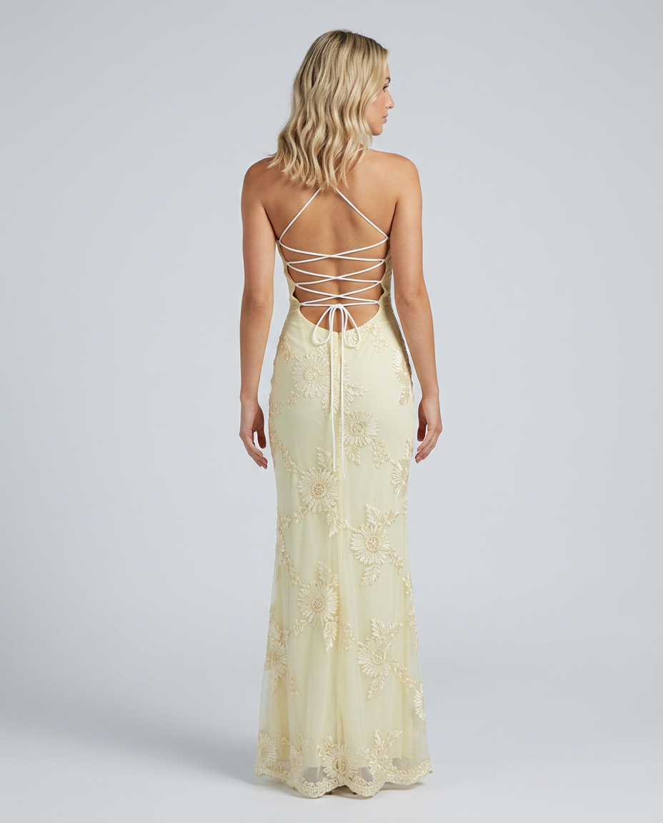 Women's Sweetheart Neck Corset Maxi Dress with Floral Appliqué and Lace-Up Back – Formal Occasion
