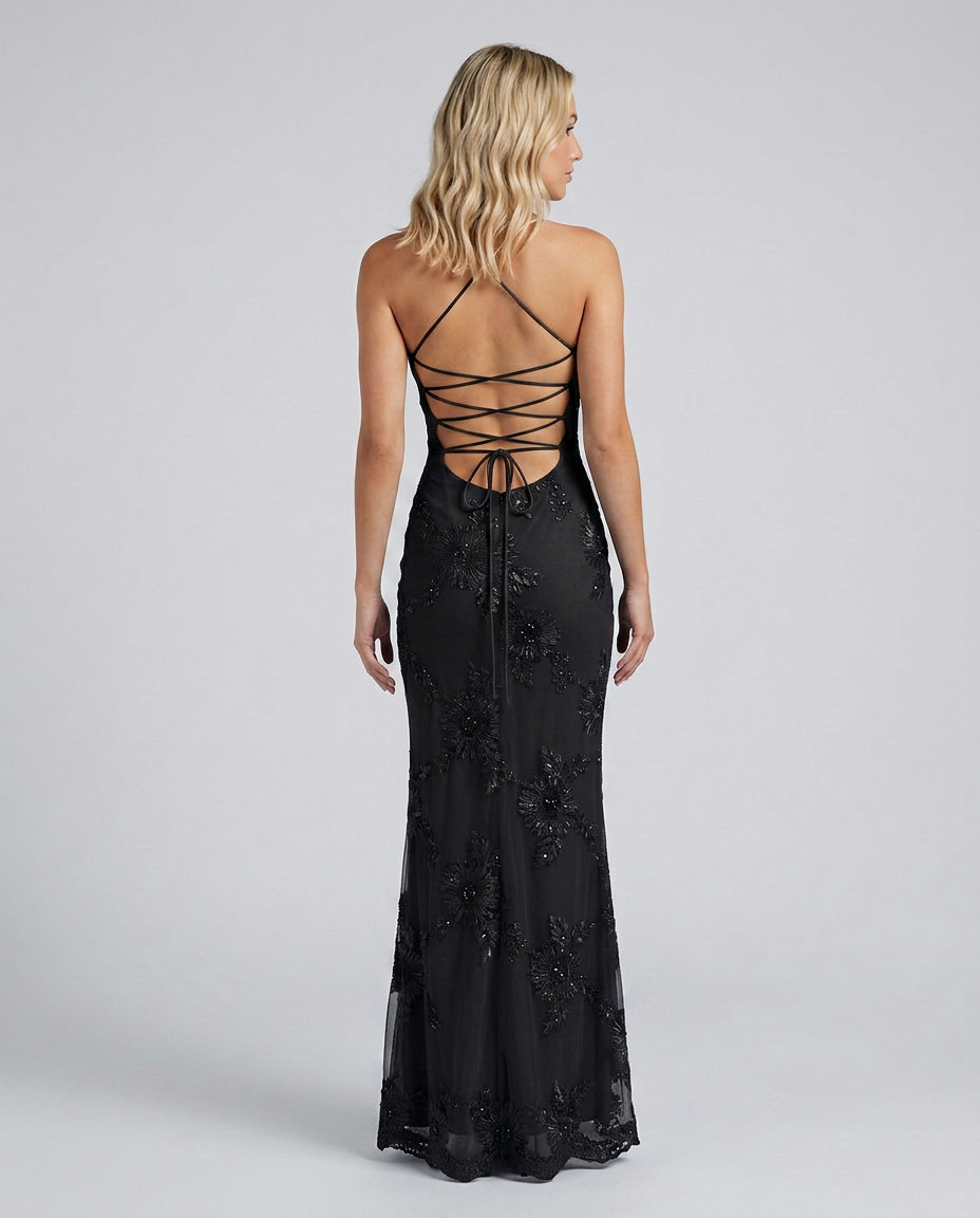 Women's Sweetheart Neck Corset Maxi Dress with Floral Appliqué and Lace-Up Back – Formal Occasion