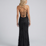 Women's Sweetheart Neck Corset Maxi Dress with Floral Appliqué and Lace-Up Back – Formal Occasion