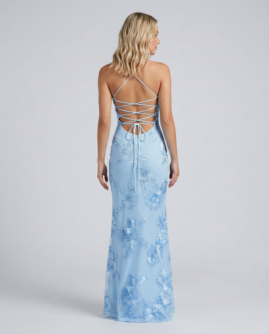 Women's Sweetheart Neck Corset Maxi Dress with Floral Appliqué and Lace-Up Back – Formal Occasion
