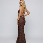 Women's Sweetheart Neck Corset Maxi Dress with Floral Appliqué and Lace-Up Back – Formal Occasion