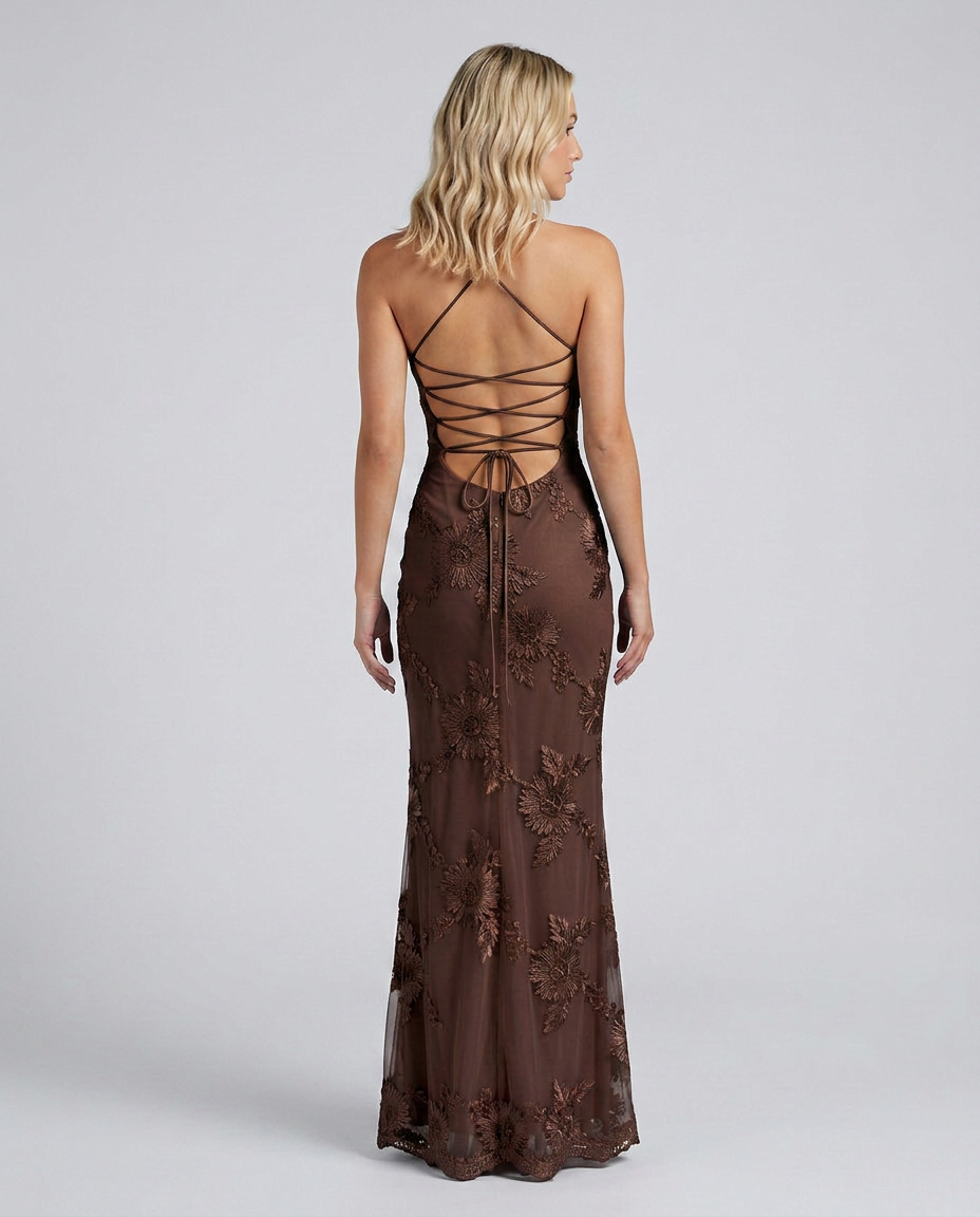 Women's Sweetheart Neck Corset Maxi Dress with Floral Appliqué and Lace-Up Back – Formal Occasion