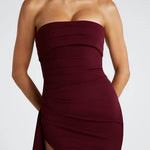 Women's Strapless Twisted Bodice Maxi Dress with High Slit – Formal Evening and Wedding Guest Gown