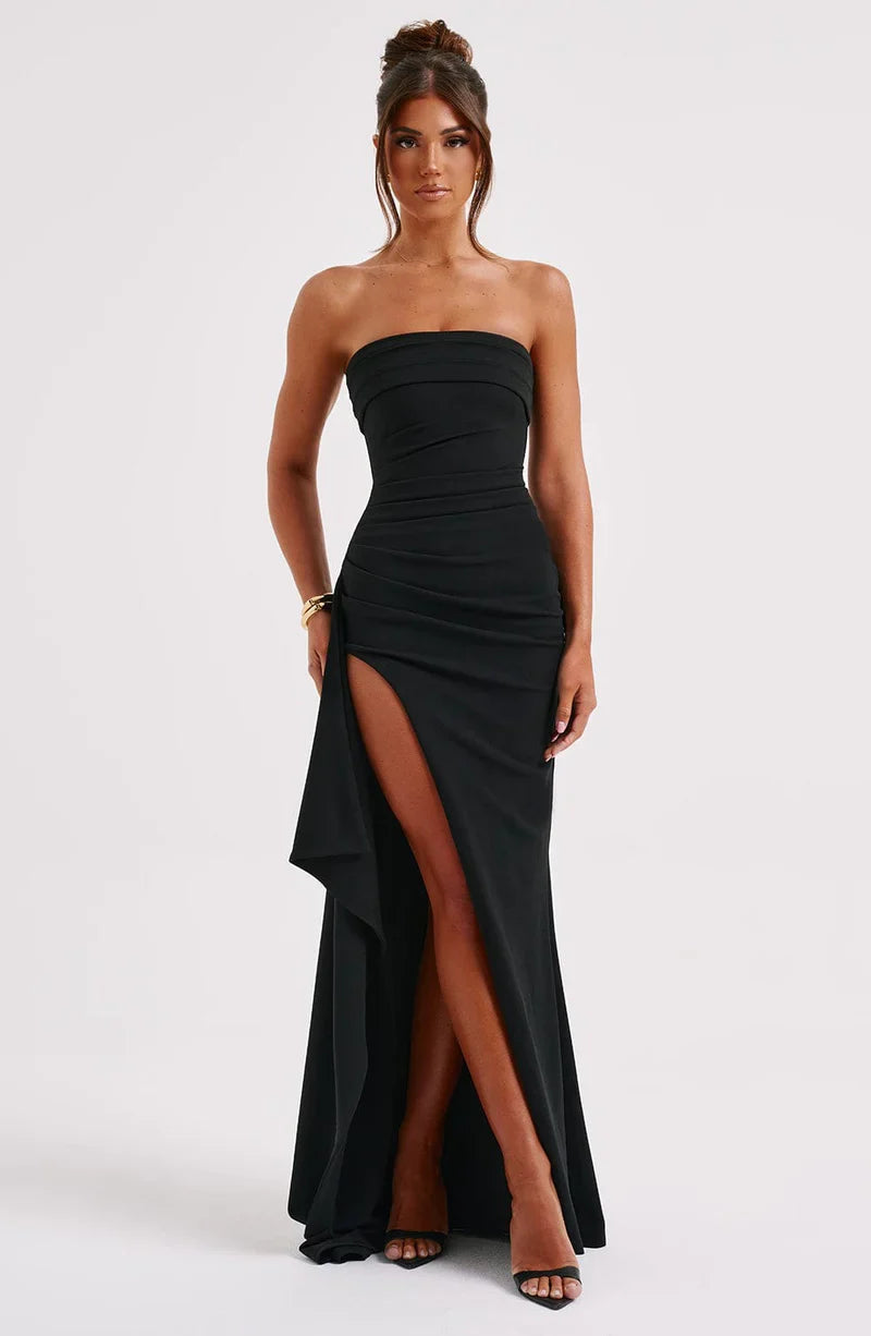 Women's Strapless Twisted Bodice Maxi Dress with High Slit – Formal Evening and Wedding Guest Gown
