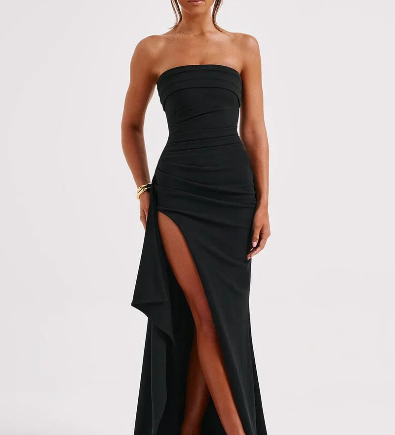 Women's Strapless Twisted Bodice Maxi Dress with High Slit – Formal Evening and Wedding Guest Gown