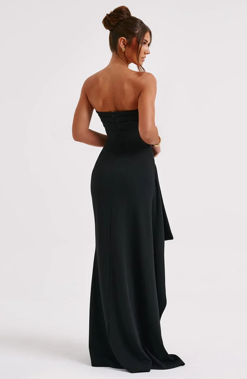 Women's Strapless Twisted Bodice Maxi Dress with High Slit – Formal Evening and Wedding Guest Gown