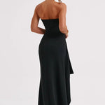 Women's Strapless Twisted Bodice Maxi Dress with High Slit – Formal Evening and Wedding Guest Gown