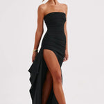Women's Strapless Twisted Bodice Maxi Dress with High Slit – Formal Evening and Wedding Guest Gown