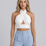 Women's Backless Halter Crop Top with Cross Neckline – Sleeveless Summer Going-Out Top