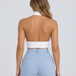 Women's Backless Halter Crop Top with Cross Neckline – Sleeveless Summer Going-Out Top