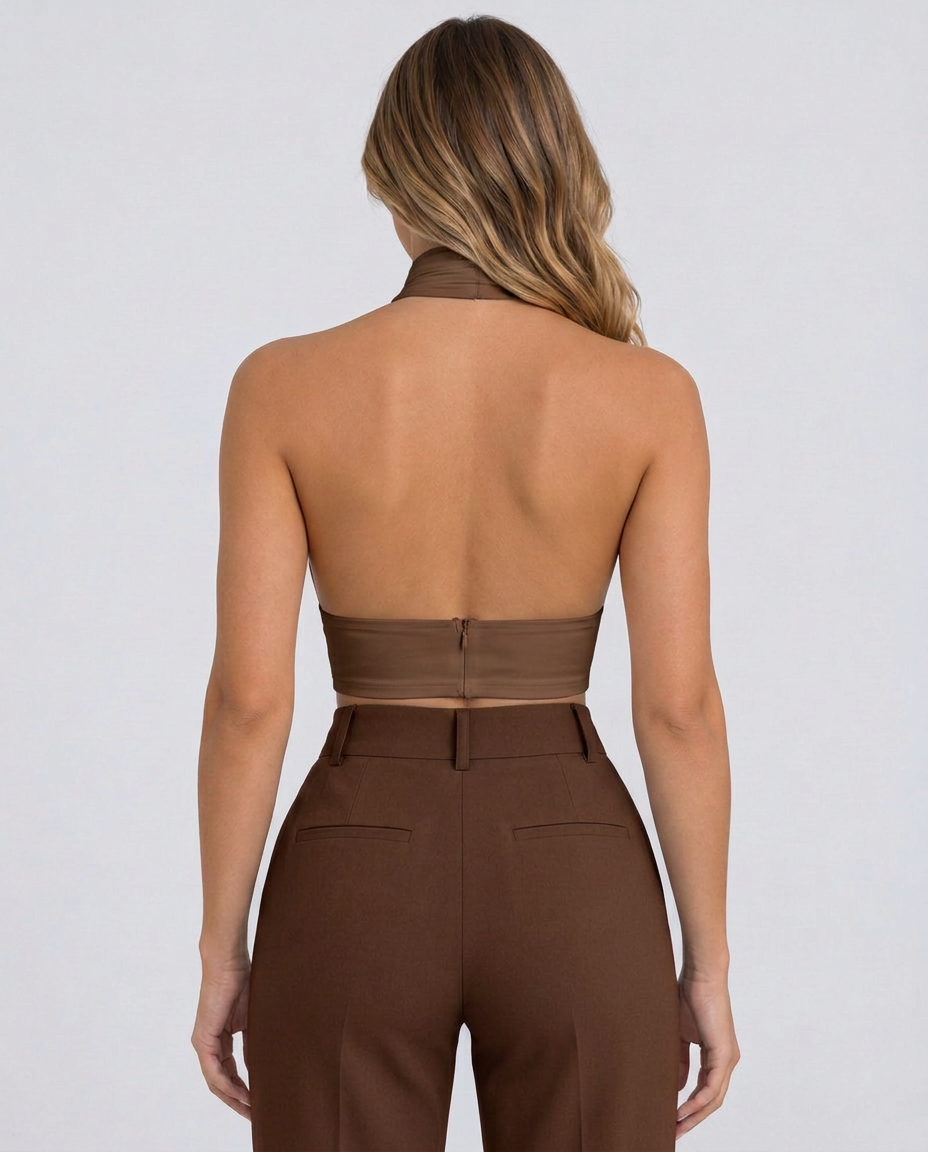 Women's Backless Halter Crop Top with Cross Neckline – Sleeveless Summer Going-Out Top