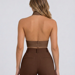 Women's Backless Halter Crop Top with Cross Neckline – Sleeveless Summer Going-Out Top