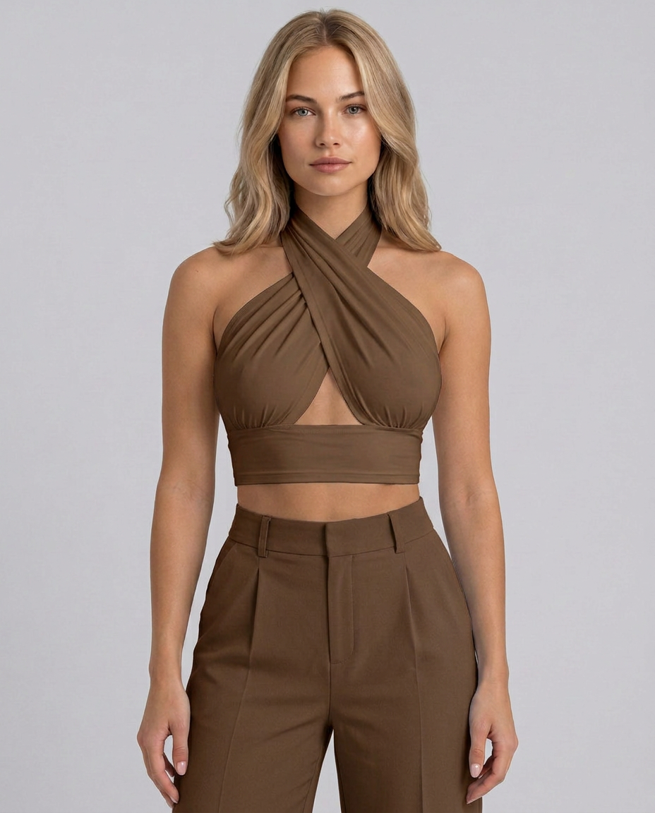 Women's Backless Halter Crop Top with Cross Neckline – Sleeveless Summer Going-Out Top