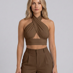 Women's Backless Halter Crop Top with Cross Neckline – Sleeveless Summer Going-Out Top