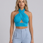 Women's Backless Halter Crop Top with Cross Neckline – Sleeveless Summer Going-Out Top