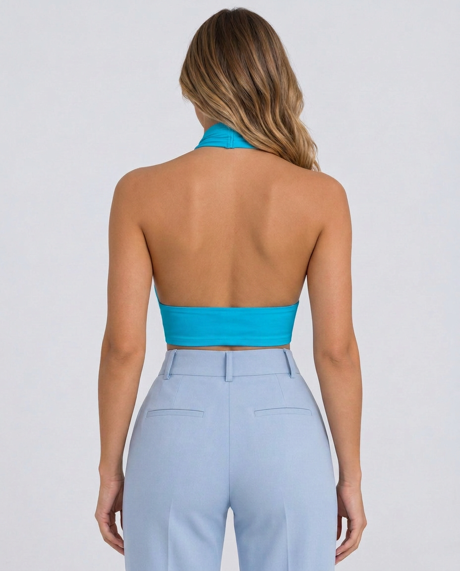 Women's Backless Halter Crop Top with Cross Neckline – Sleeveless Summer Going-Out Top