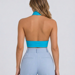 Women's Backless Halter Crop Top with Cross Neckline – Sleeveless Summer Going-Out Top