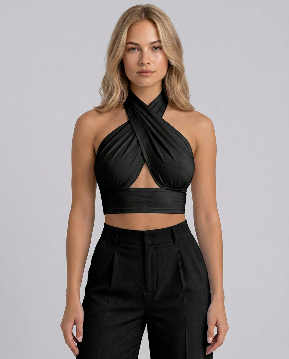 Women's Backless Halter Crop Top with Cross Neckline – Sleeveless Summer Going-Out Top