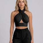 Women's Backless Halter Crop Top with Cross Neckline – Sleeveless Summer Going-Out Top