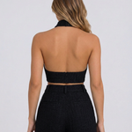 Women's Backless Halter Crop Top with Cross Neckline – Sleeveless Summer Going-Out Top