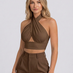 Women's Backless Halter Crop Top with Cross Neckline – Sleeveless Summer Going-Out Top