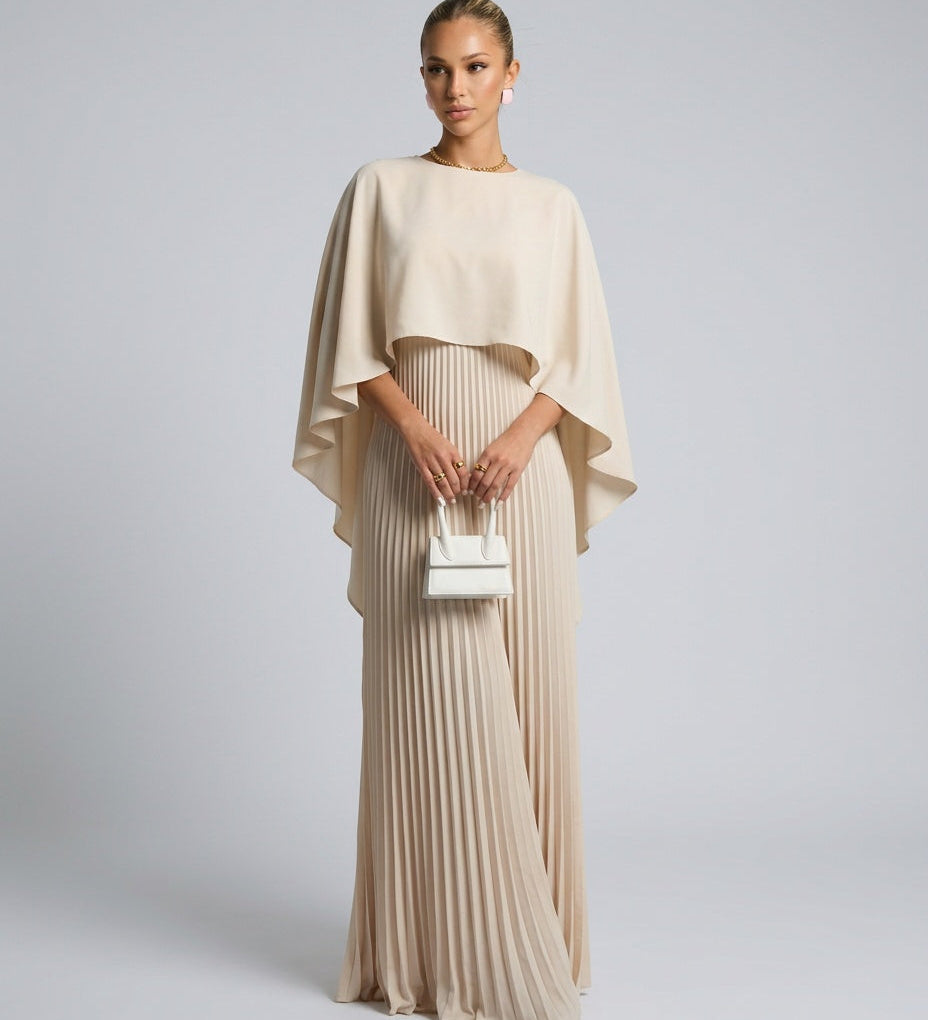 Women's Pleated Maxi Dress with Cape Overlay – Elegant Evening & Wedding Guest Dress