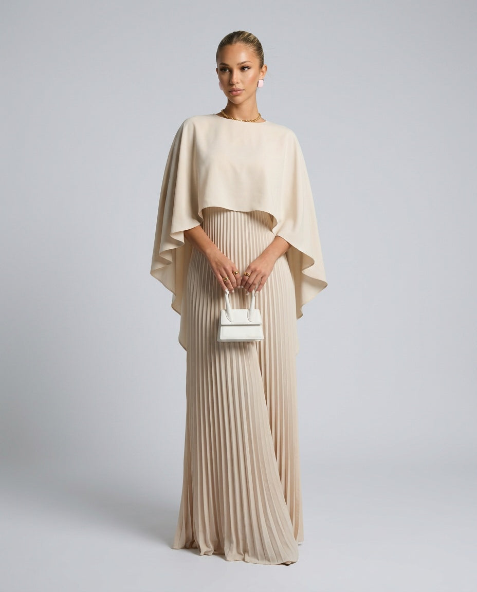 Women's Pleated Maxi Dress with Cape Overlay – Elegant Evening & Wedding Guest Dress