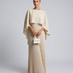 Women's Pleated Maxi Dress with Cape Overlay – Elegant Evening & Wedding Guest Dress